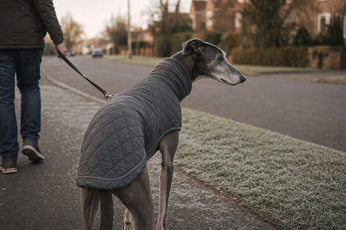 A greyhound wearing a fitted coat during a cold-weather walk on a residential street