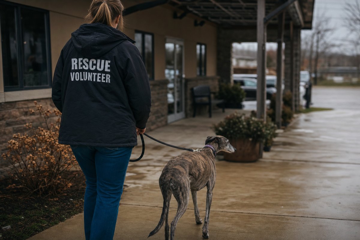 A greyhound rescue volunteer walking a leashed greyhound outside an adoption facility