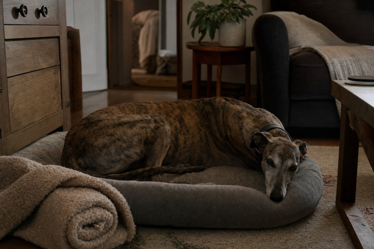 A retired racing greyhound resting on a dog bed in a living room after being adopted