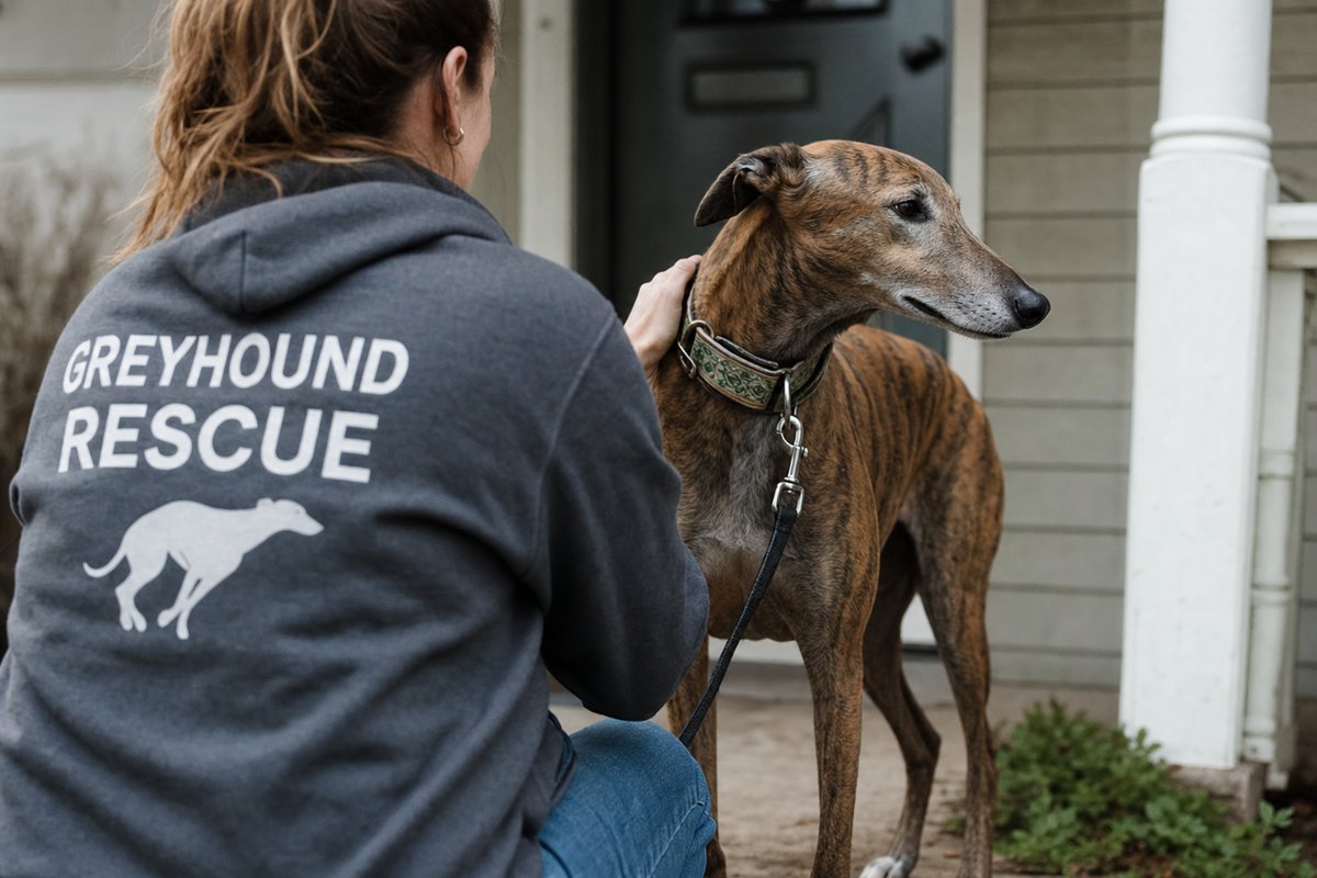 A volunteer kneeling beside a leashed retired racing greyhound during a home visit
