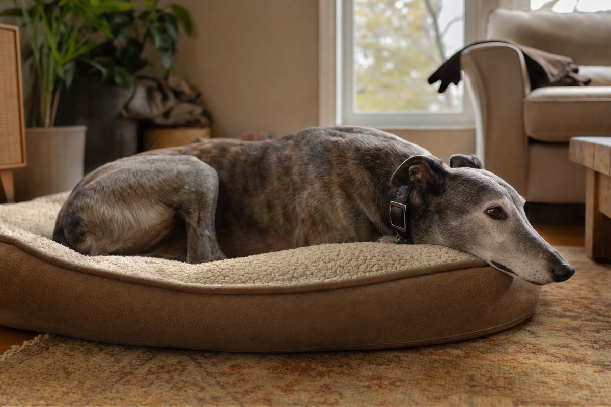 A retired racing greyhound resting comfortably on a bed in a home living room