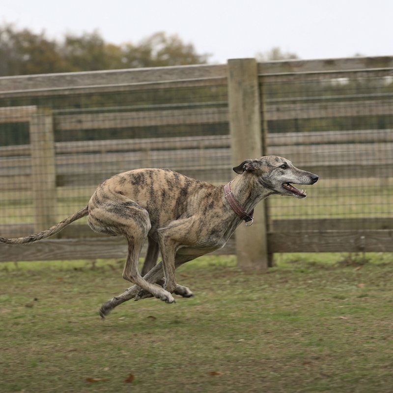 A greyhound sprinting across a securely fenced grassy field