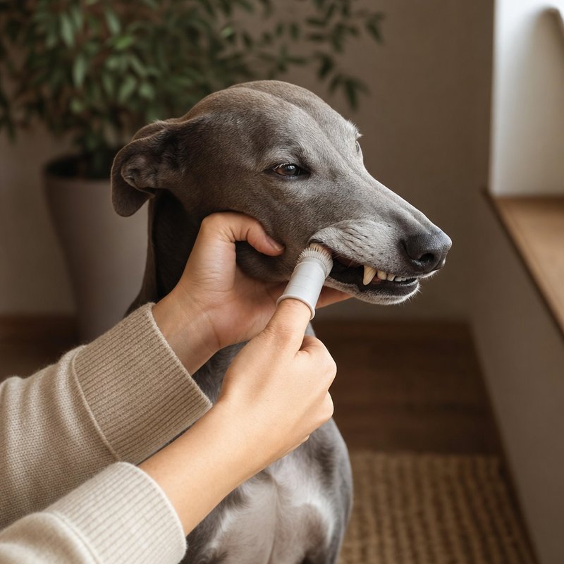 Close-up of a person brushing a greyhound's teeth with a dog-safe toothbrush