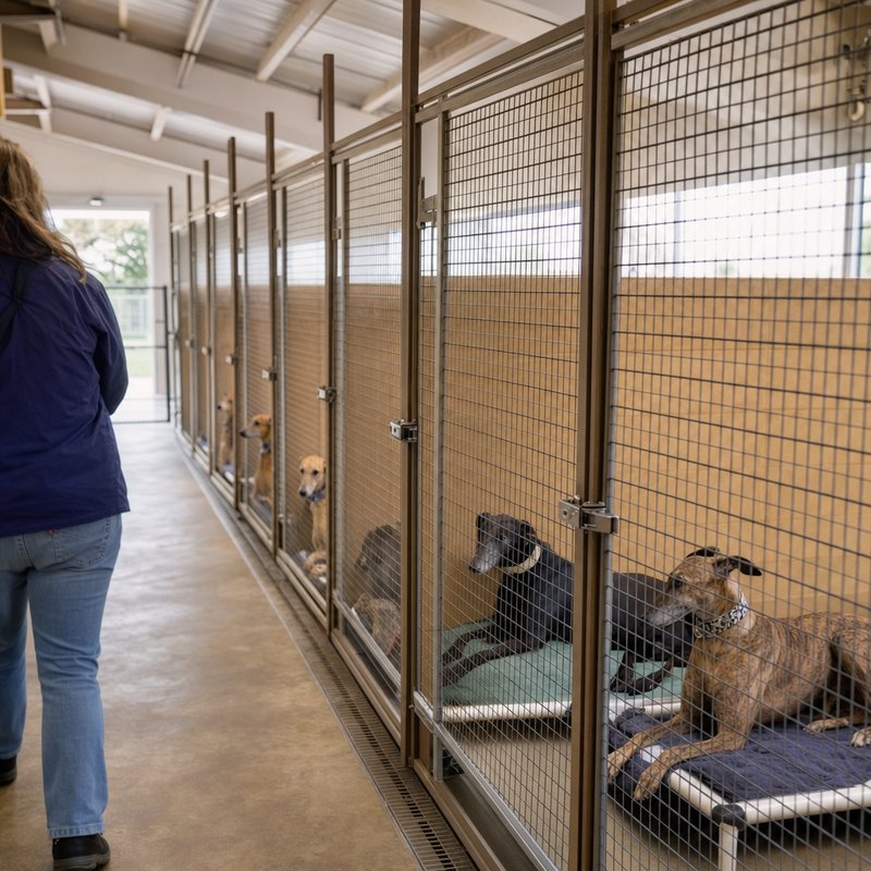 Rows of kennel runs at a greyhound-specific rescue facility with several dogs resting