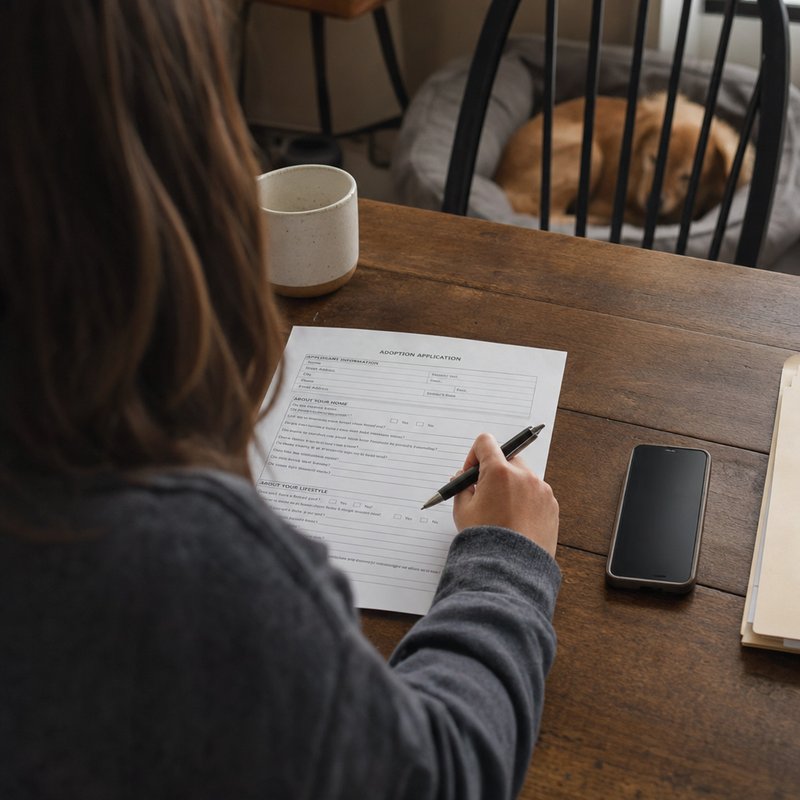 A volunteer reviewing a greyhound adoption application form during a phone screening call