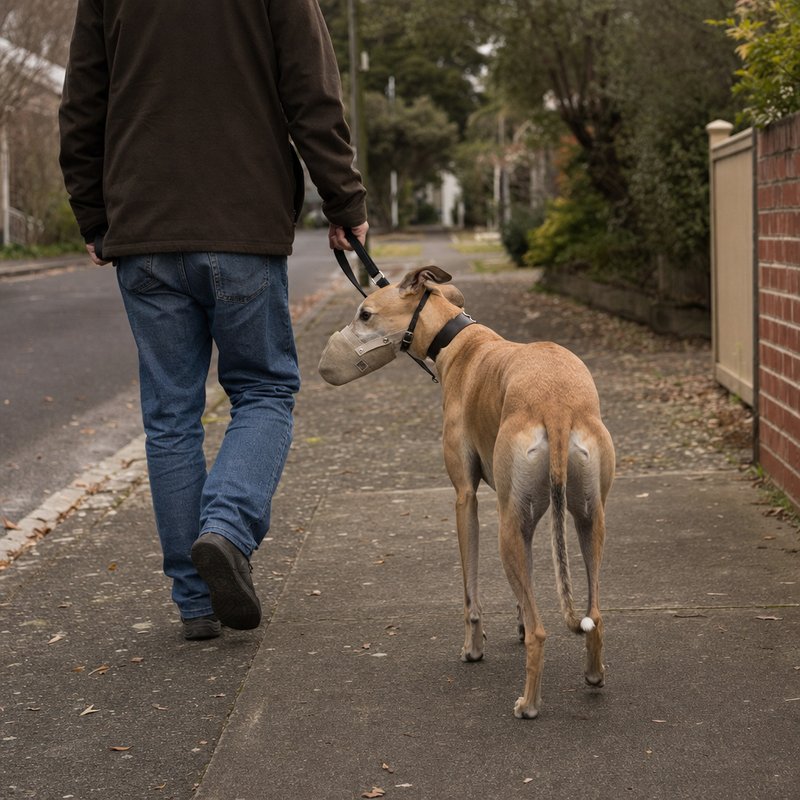 A newly adopted greyhound wearing a muzzle during a calm, supervised walk with its new owner
