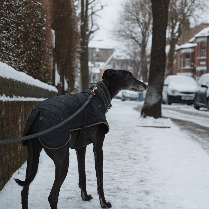 A greyhound wearing a fitted winter coat while walking outside in snow