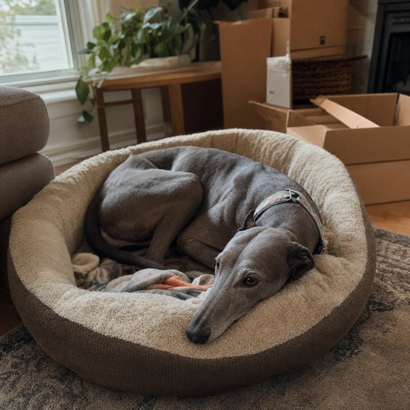 A retired racing greyhound resting on a dog bed in a living room during its first week at home