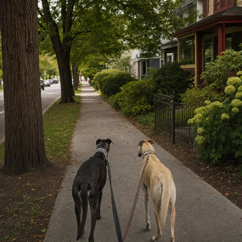 Two greyhounds on leashes walking calmly together along a residential sidewalk