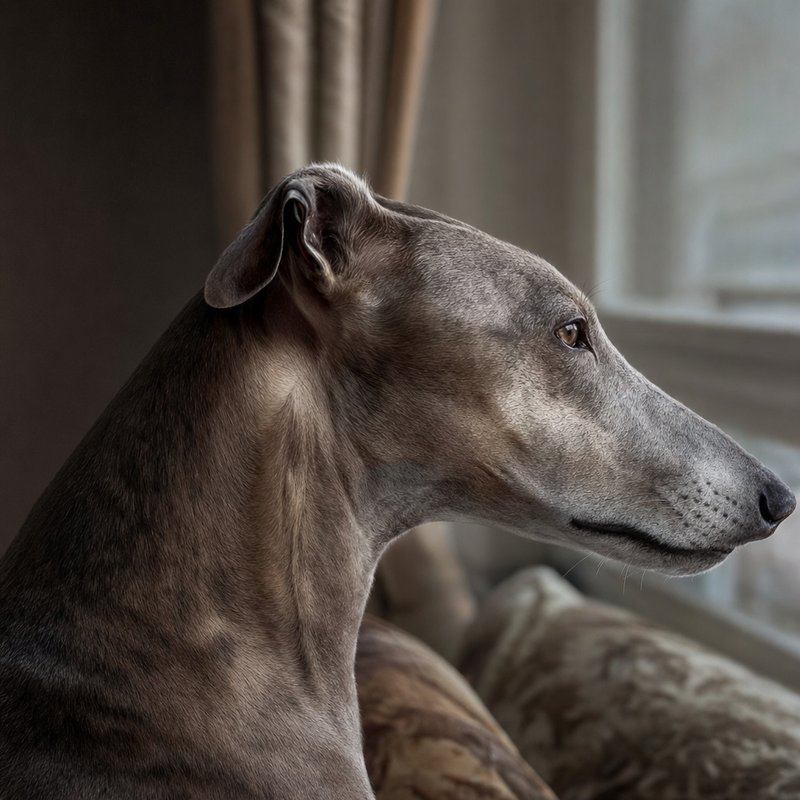 Close-up of a greyhound's lean face showing the breed's naturally thin coat and visible muscle definition